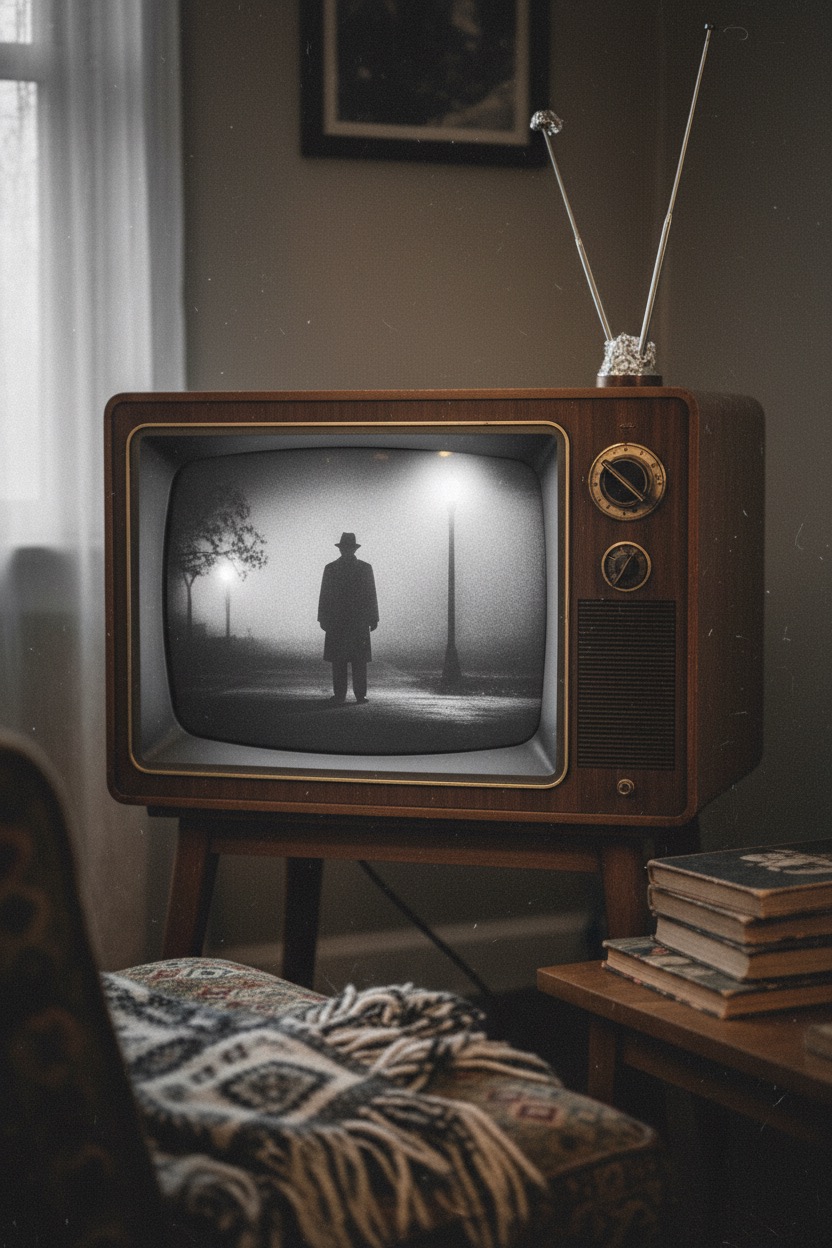 A vintage wooden television displays a black-and-white scene of a man in a hat standing on a foggy street under a streetlight.